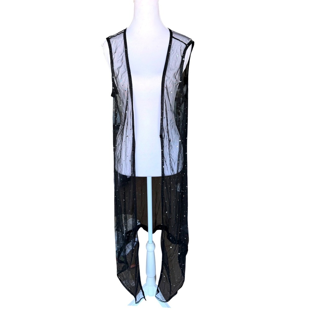 Forever 21 Mesh Vest Celestial Star Moon Sheer Duster Robe Festival Black Medium